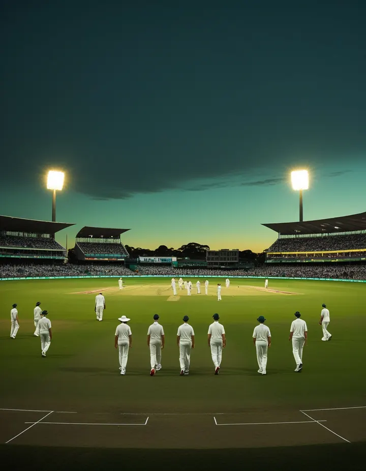 Fielders in whites at a huge oval under evening floodlights