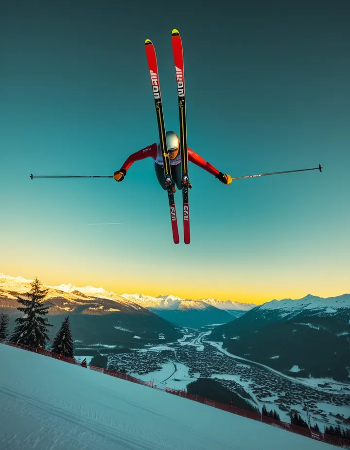 A ski jumper in flight over a snowy valley