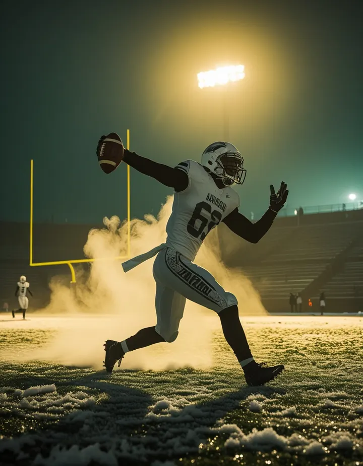 Canadian football on a snowy field under floodlights