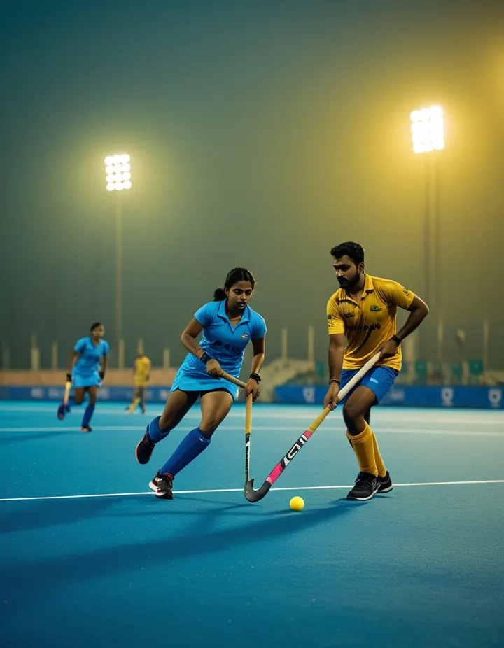 Field hockey players chase the ball under stadium lights