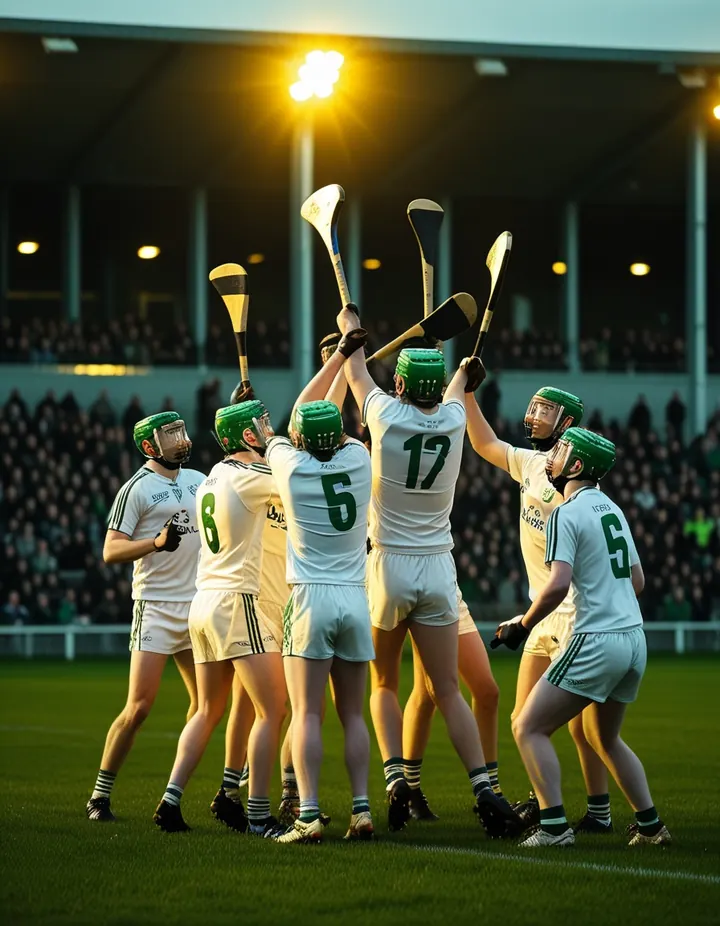 Hurling players clash for the ball under floodlights