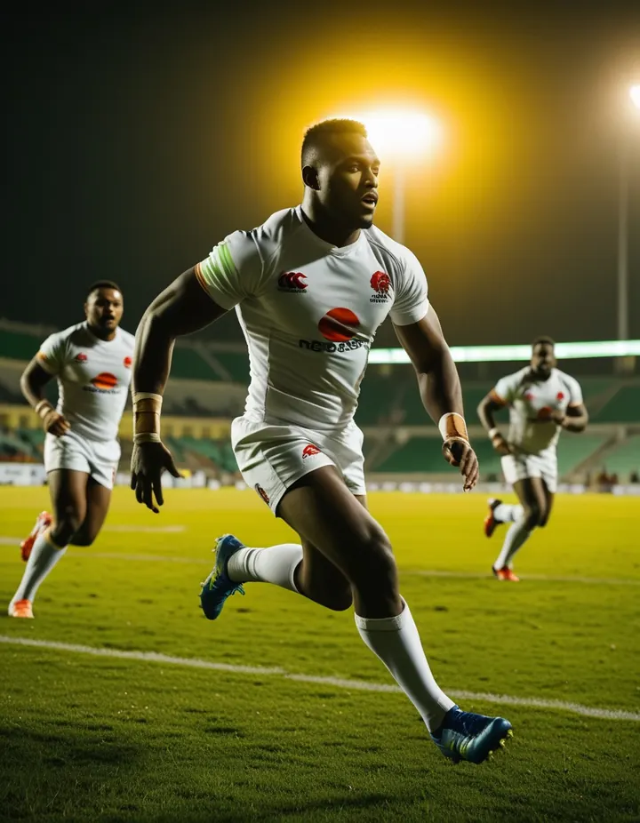 A rugby sevens player sprints clear in Nairobi