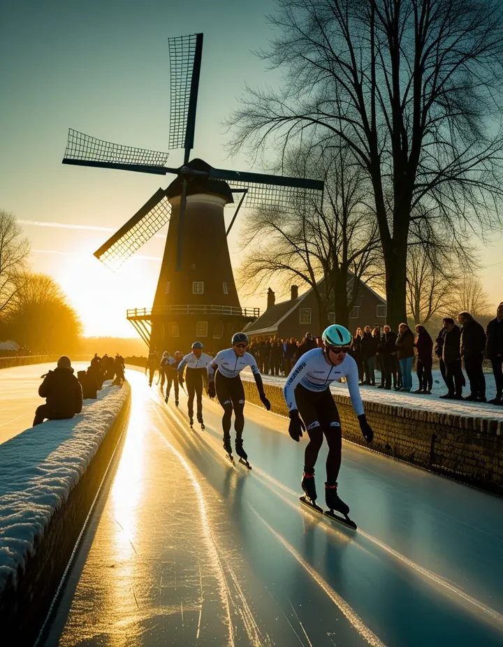 Speed skaters race on a frozen canal in the Netherlands
