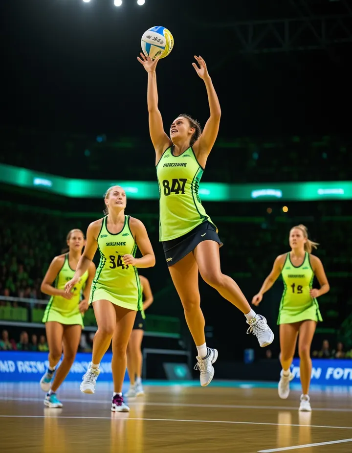 Netball players leap for the ball in an arena