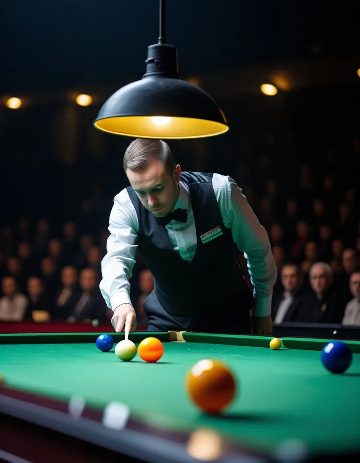 A snooker player lines up a shot under the table lamp