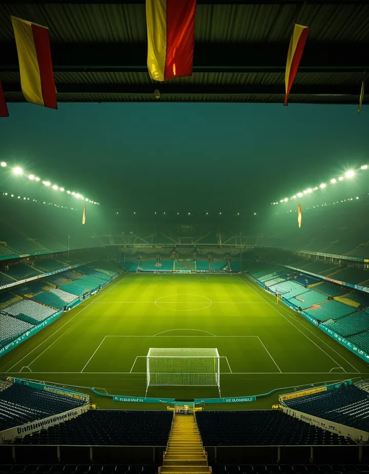A floodlit stadium on match day seen from the stands
