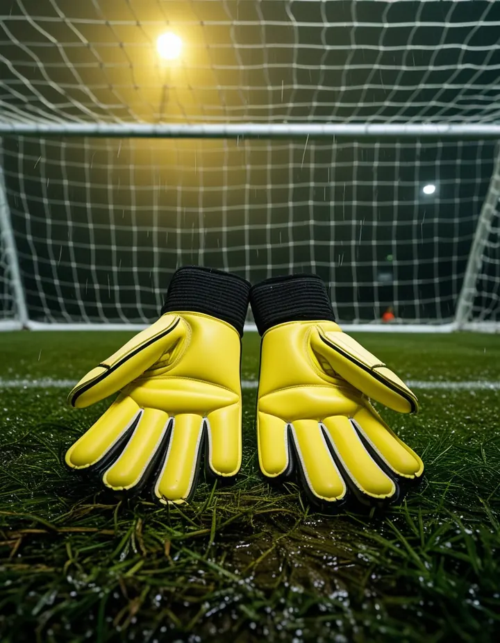 Goalkeeper gloves on the goal line in the rain