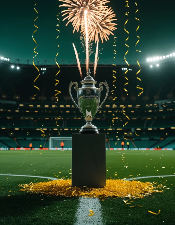 A plain silver trophy on a plinth as golden streamers fall