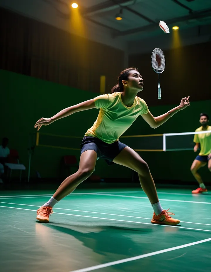 Badminton players at full stretch in an indoor hall