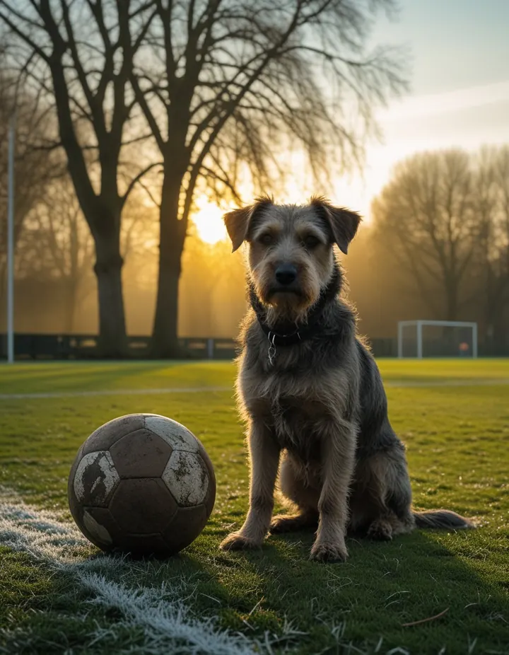 A dog sits beside a muddy ball on a park touchline