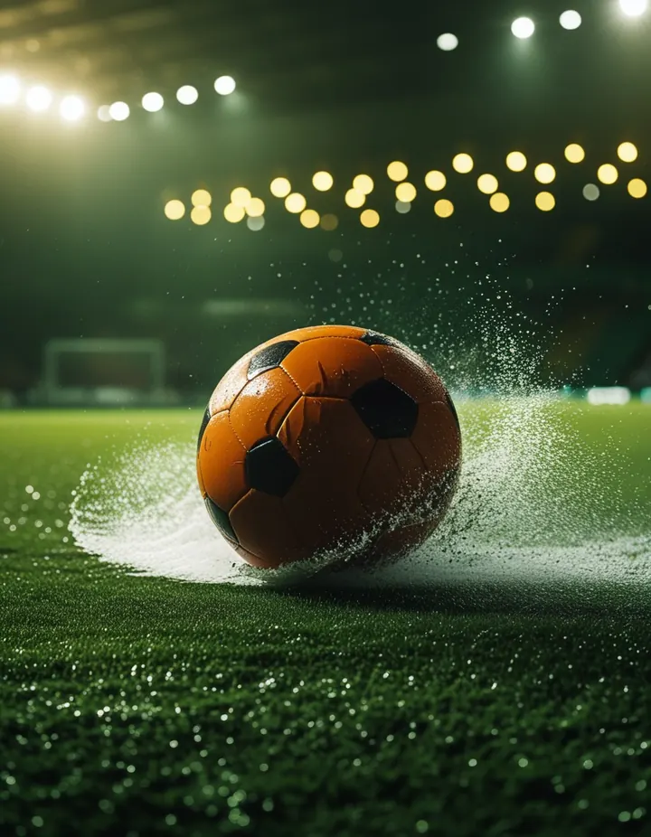A ball skids across a wet pitch, throwing spray