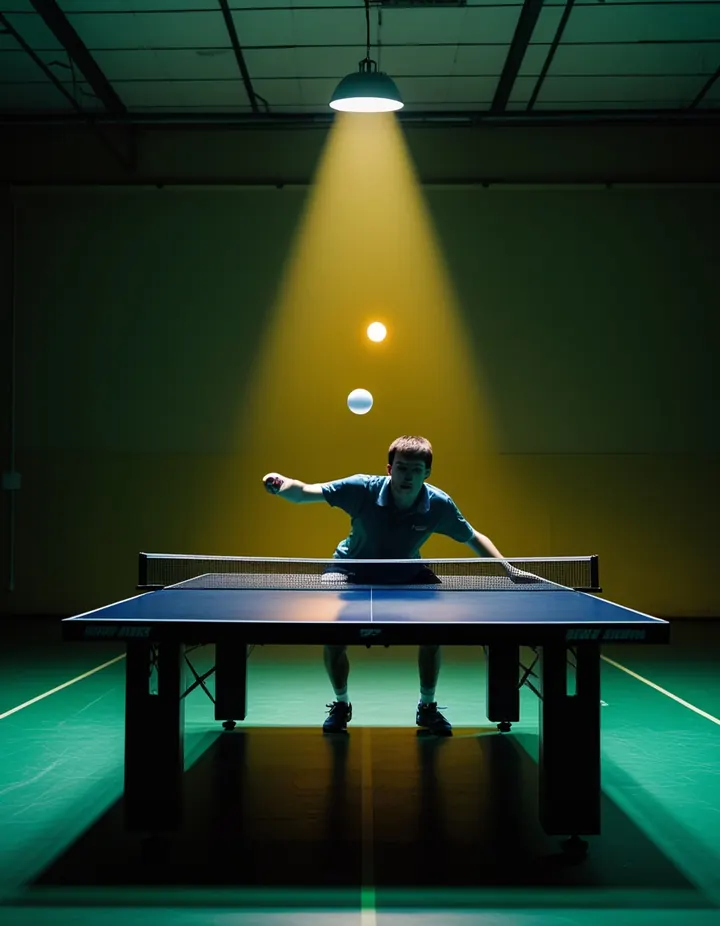 A table tennis player smashes a forehand in a sports hall