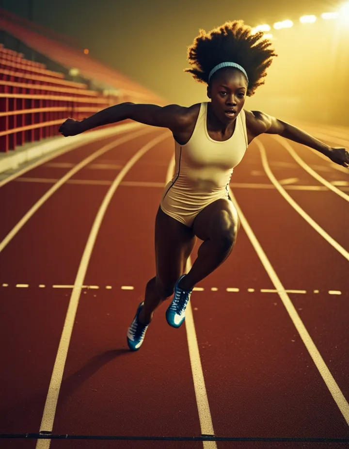 A sprinter explodes out of the blocks on a stadium track