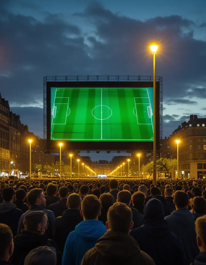 Fans in a city square watch a match on a big screen