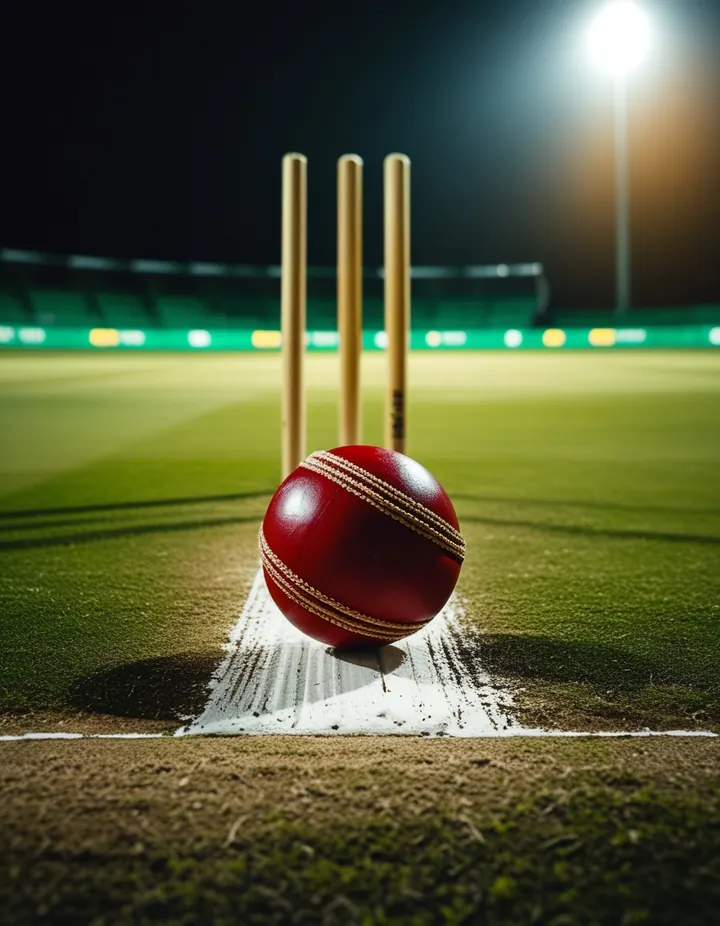 A red cricket ball on the crease under floodlights