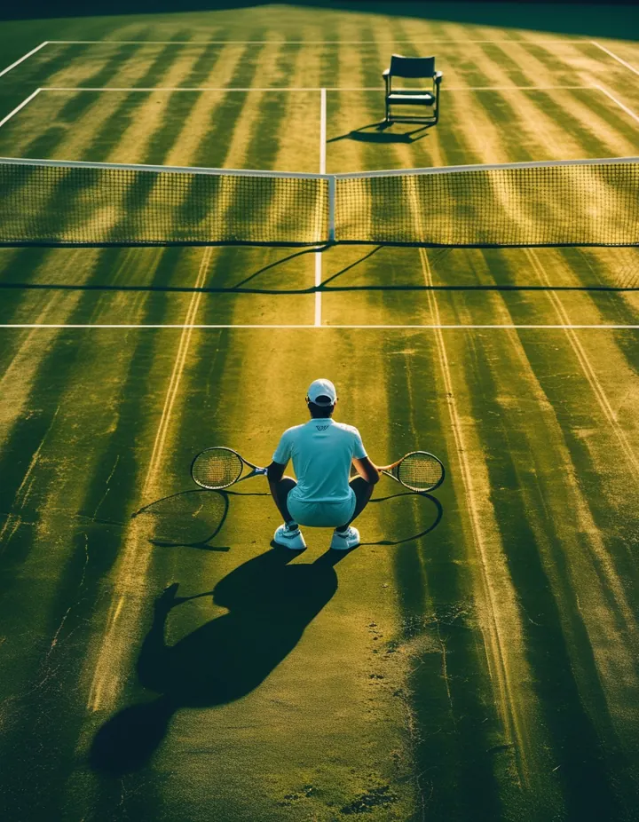 A tennis player waits to receive serve on a grass court
