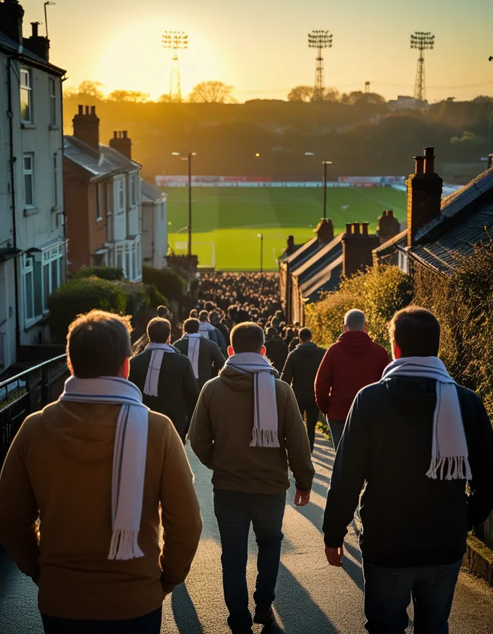 Supporters walk to the ground along a terraced street