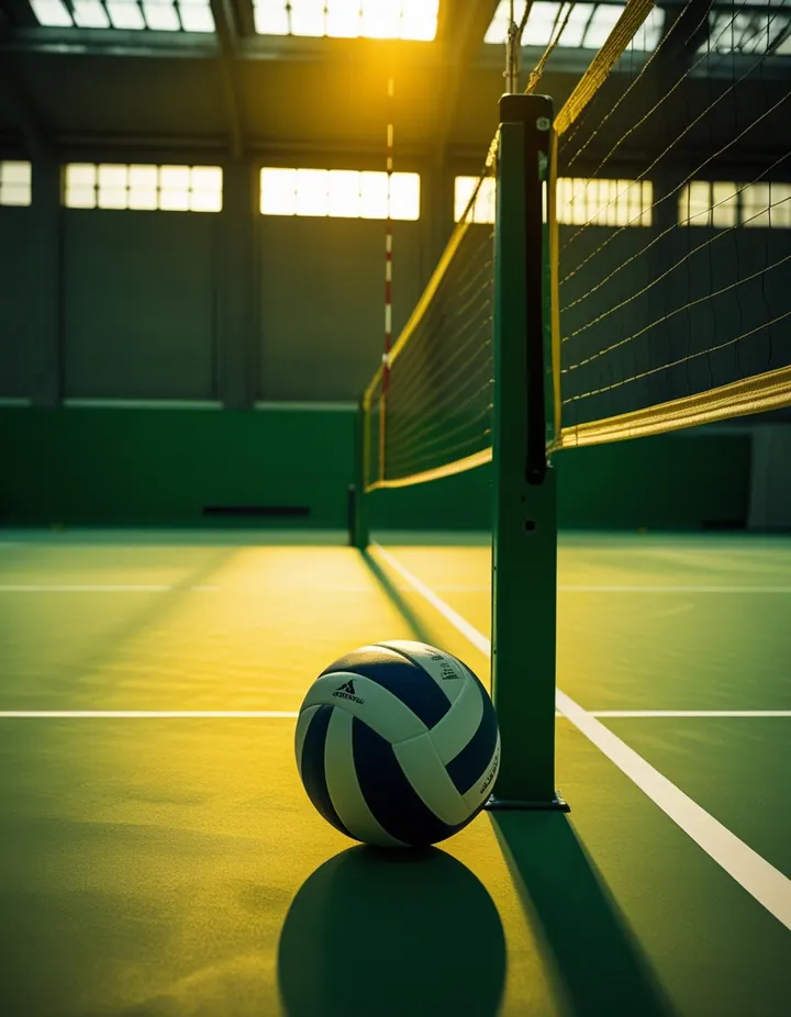 A volleyball rests on the court beside the net