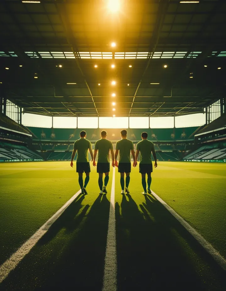 Players walk out of the tunnel onto a floodlit pitch
