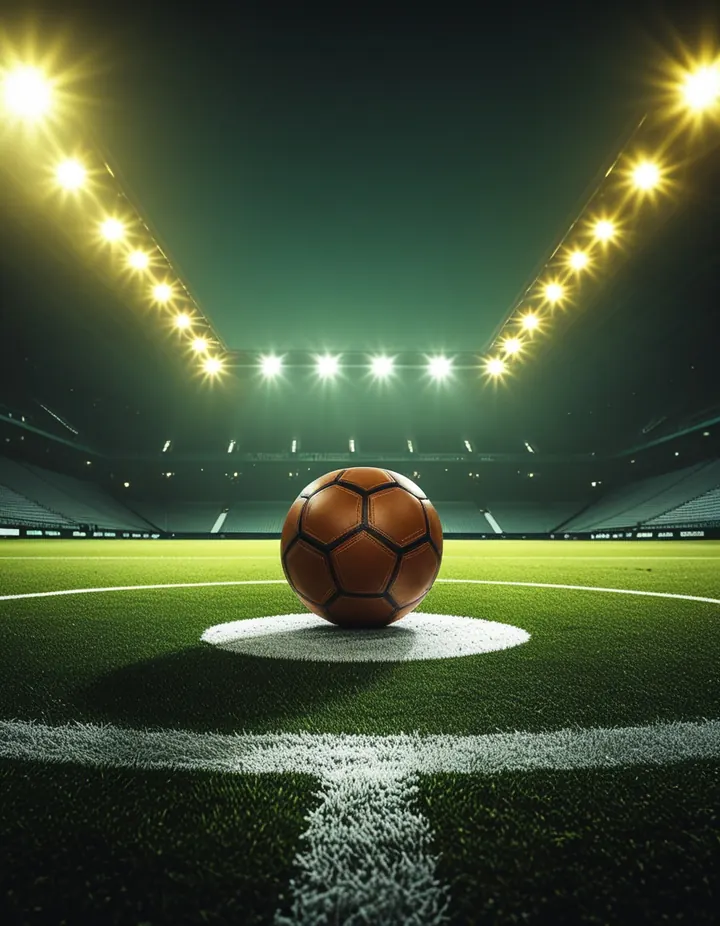 A match ball on the centre spot under golden floodlights