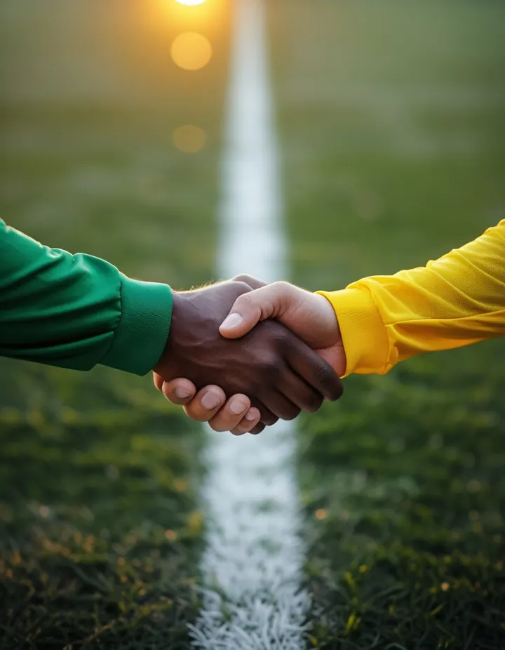 Two hands shake over the halfway line