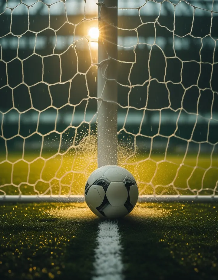 The ball crosses the goal line into the net in the rain