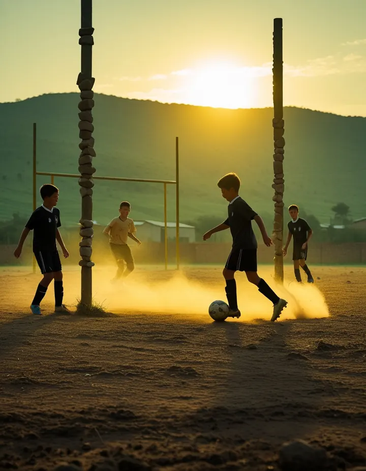 Boys play football on a dusty field with stone goalposts