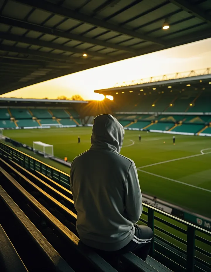 A lone fan in a hood in an empty stand before a match