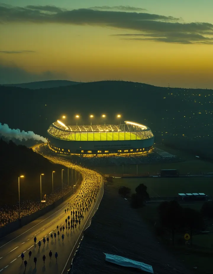 A stadium glows on a hill at dusk before a cup final