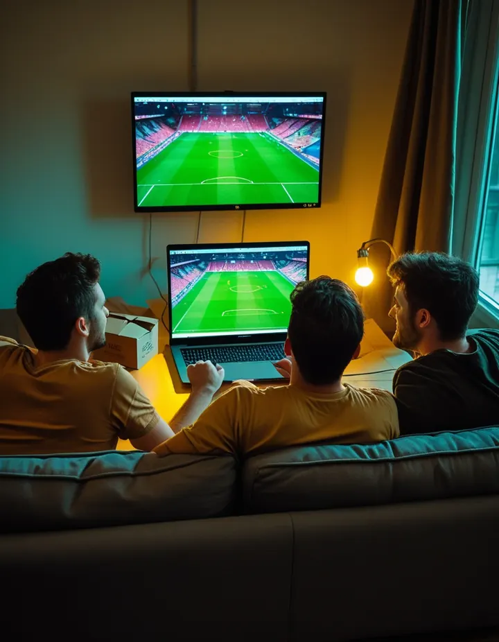 Friends watch a match together on a laptop in a flat