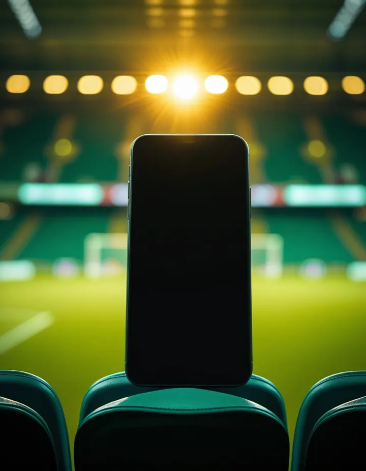 A phone on a stadium seat with the pitch behind