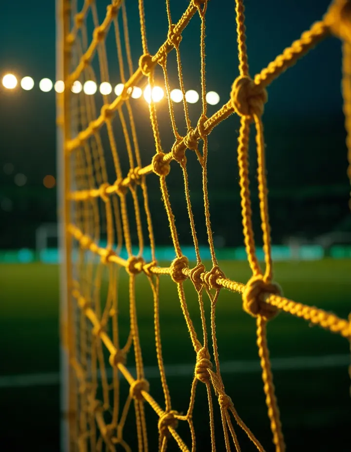 Chain links of a goal net in golden light