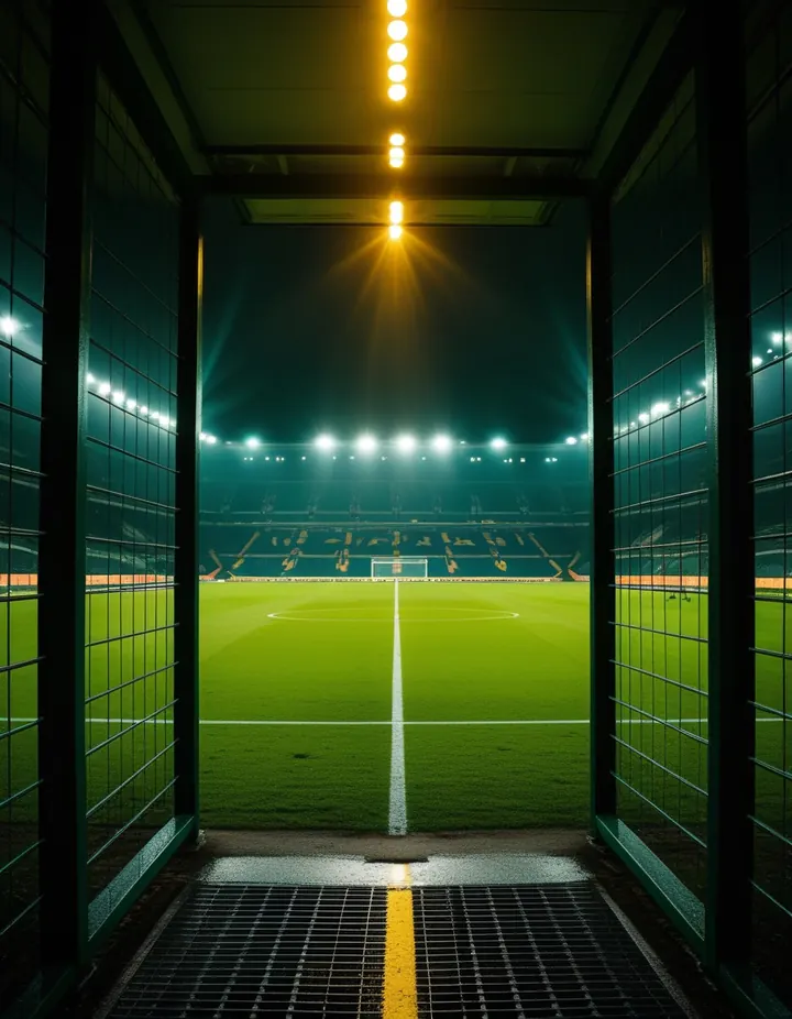 The tunnel opens onto a floodlit pitch