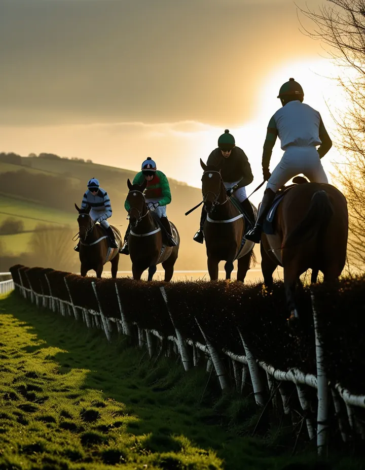 Horses jump a fence in silhouette against a March sky