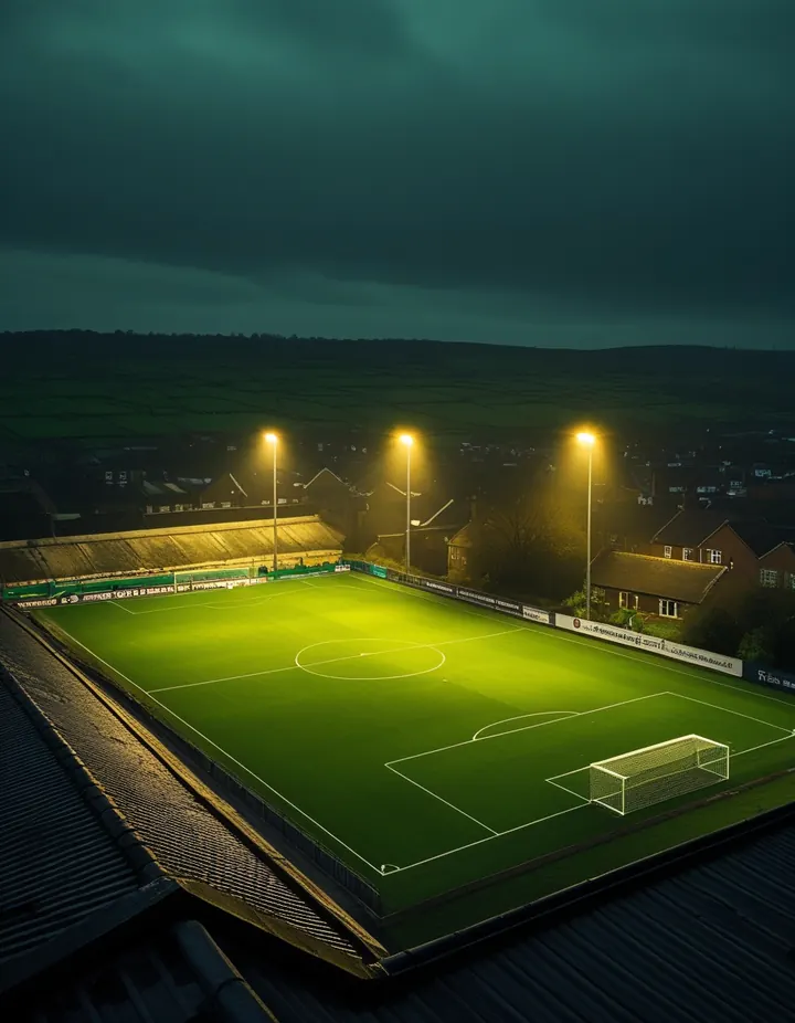 An English ground on a damp evening, floodlights on