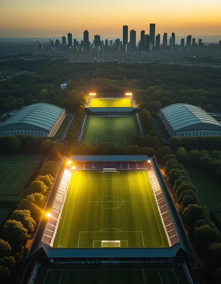 A row of stadium roofs in golden evening light