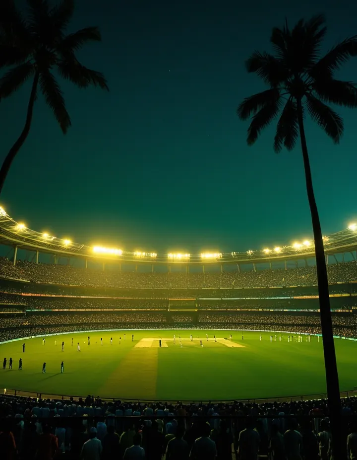 A cricket stadium in India lit for a night game