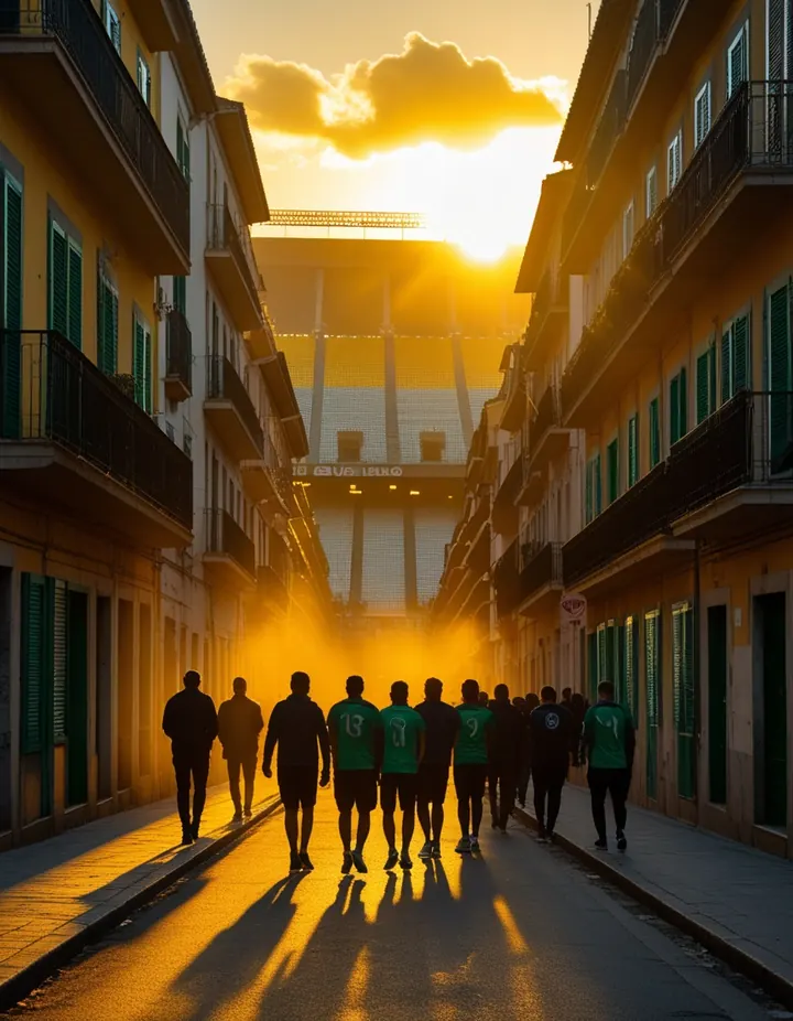 A Spanish street leads to a stadium at sunset