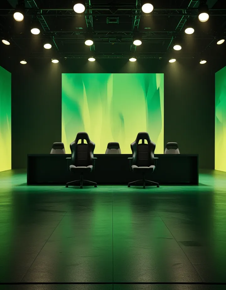 An empty esports stage under golden lights
