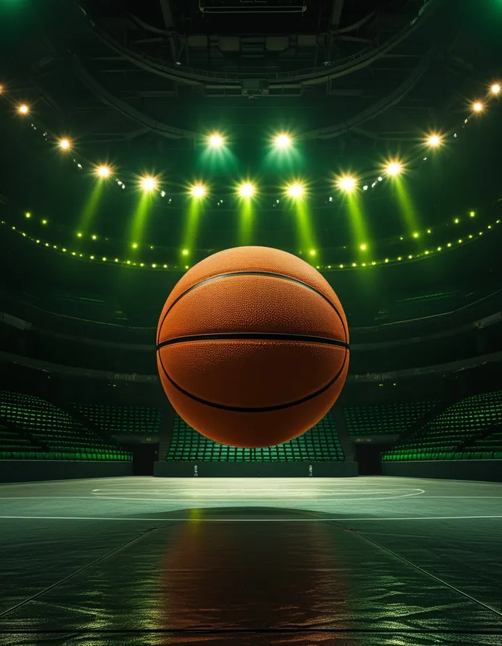 A basketball on the centre circle under golden light