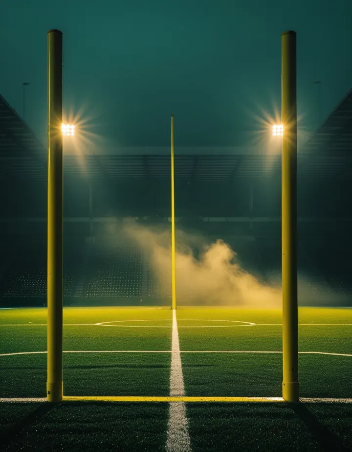 Goalposts in golden floodlight on a cold night