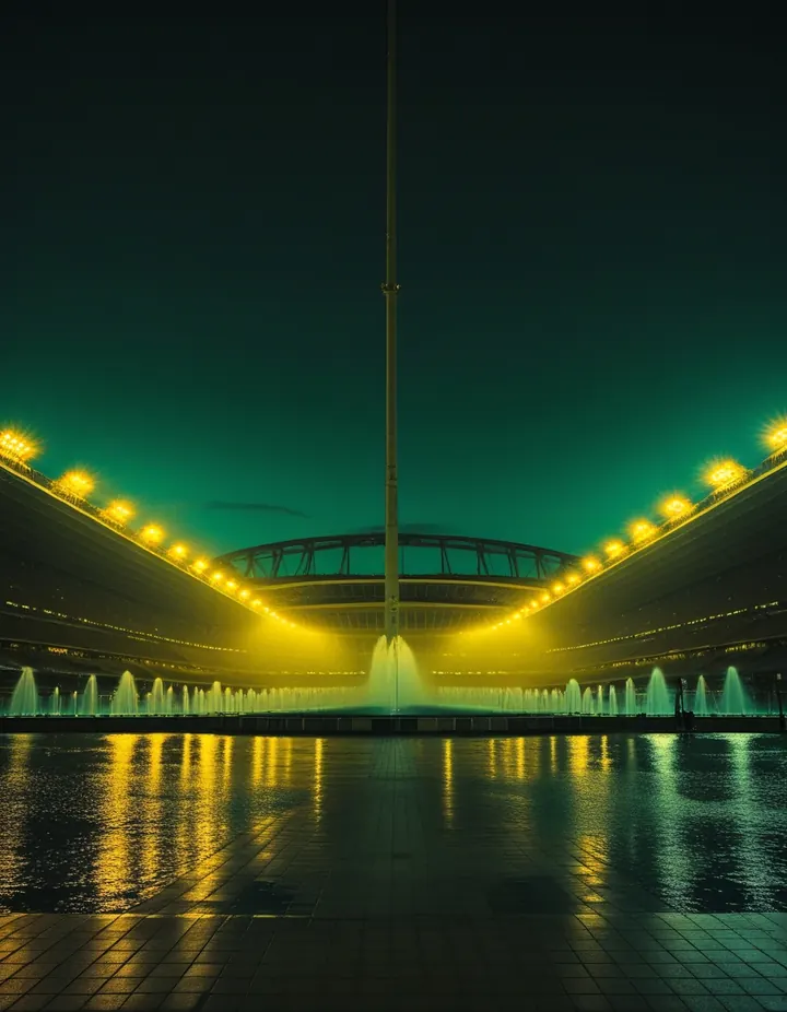 A grand stadium glows at night before a European tie