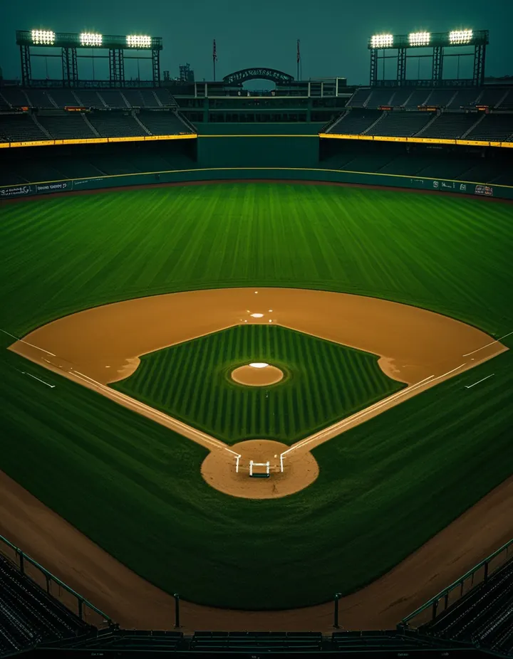 A ballpark at night seen from the outfield