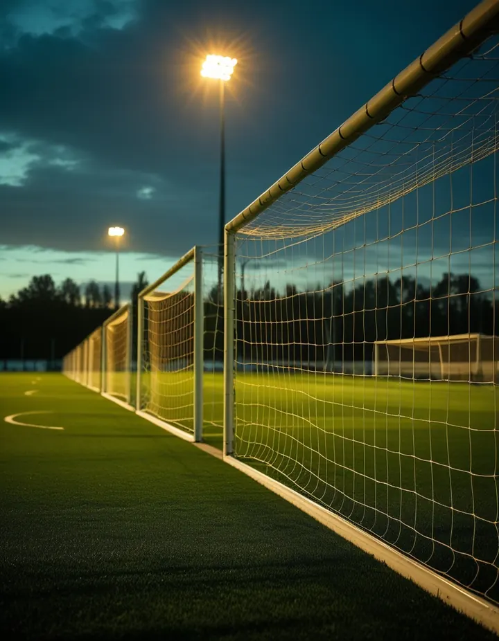 A row of goal nets on training pitches at dusk