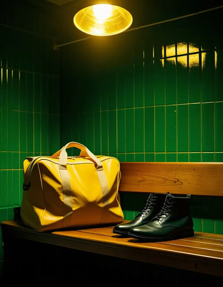 A kit bag and boots on a dressing room bench