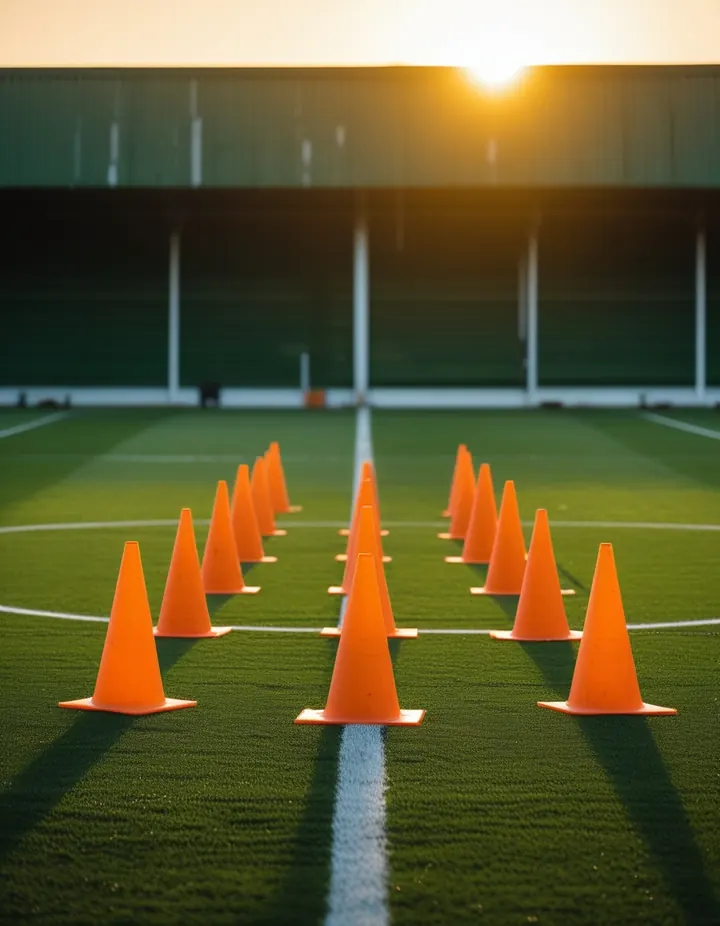 Training cones and balls laid out on the pitch