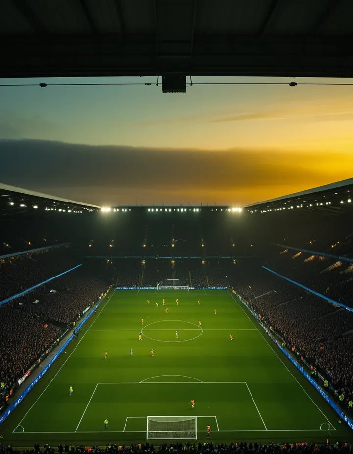 A floodlit match seen from high in the stand