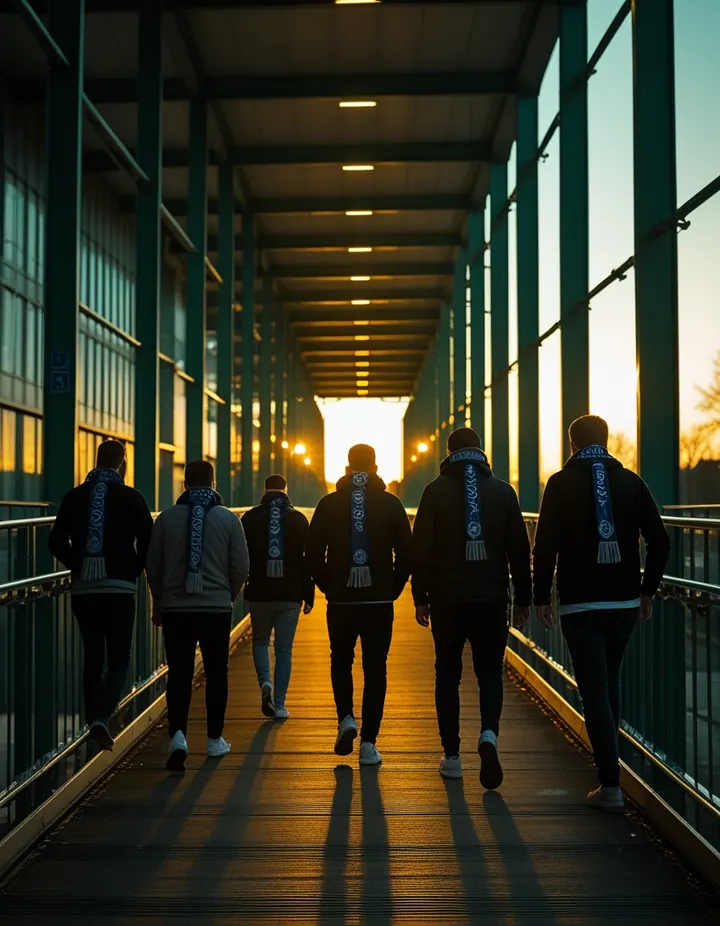 Fans cross a footbridge to a London stadium at dusk