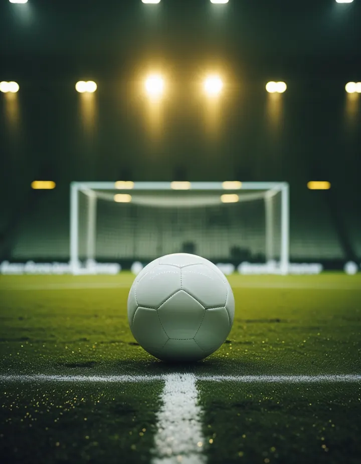 A ball on the penalty spot under golden floodlight