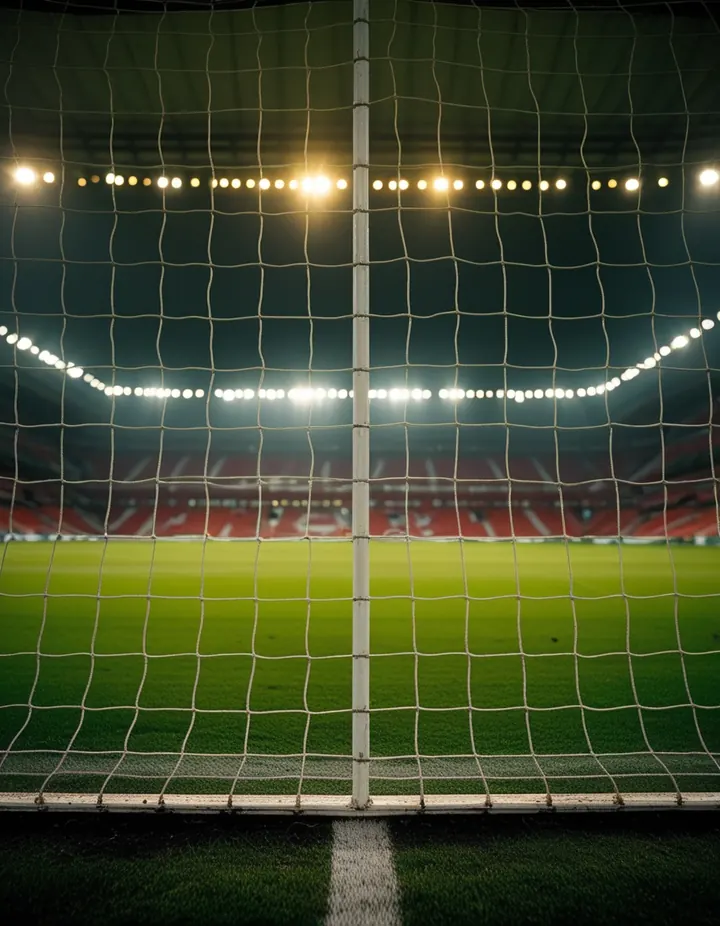 An empty pitch seen from inside the goal before a cup tie